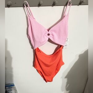 Time and Tru Pink and Orange Textured Cutout One-Piece Swimsuit